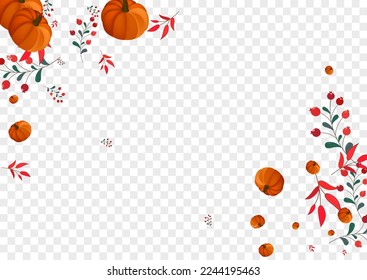 Green Rowan Background Transparent Vector. Orange Cute Template. Red Leaf November Card. Vegetable Park. Pumpkins Texture.