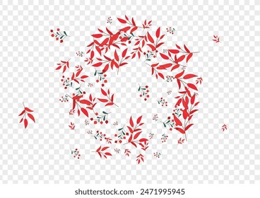 Green Rowan Background Transparent Vector. Leaf Fly Set. Pink Herb. Red Foliage Landscape. Drawn Texture.