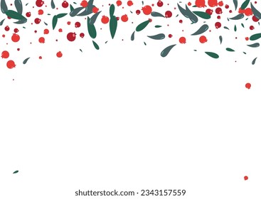 Green Rowan Background White Vector. Herb Outline Set. Pink Berries Image. Landscape Frame. Leaf Banner.