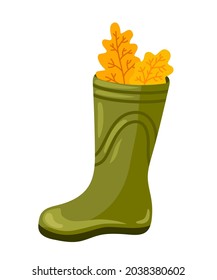 Green rubber boot with autumn foliage. Fall garden. Vector isolated hand-drawn illustration.