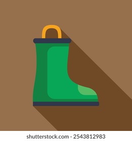 Green rubber boot standing with long shadow icon in flat style on a brown background