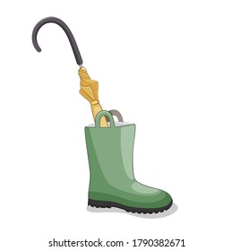 Green rubber boot with yellow umbrella inside on white background stock vector illustration.
