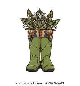 Green rubber boots with white spring flowers and leaves. Wellington rain shoes from front view with lily of the valley floral decoration, isolated vector illustration.