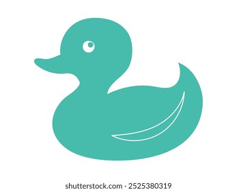 Pato de goma verde aislado sobre fondo blanco. Ilustración plana de dibujos animados. Concepto de juguetes de baño de los niños, pájaro lindo, arte brillante, patito. Icono, elemento de diseño, juguete juguetón para niños