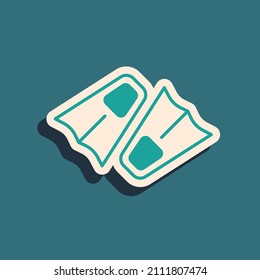 Green Rubber flippers for swimming icon isolated on green background. Diving equipment. Extreme sport. Diving underwater equipment. Long shadow style. Vector