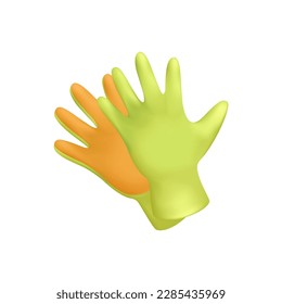 Green rubber gloves for gardener or farmer 3D illustration. Cartoon drawing of accessory for gardening in 3D style on white background. Farming, gardening, agriculture concept