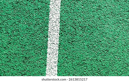Green rubber road background texture. Bicycle path vector illustration. Green rubber flooring and white line, textured grainy surface background, outdoor sports ground floor. Top view, copy space.