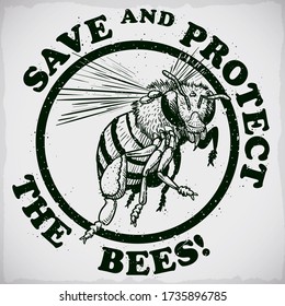 Green rubber stamp with realistic bee in hand drawn design and greeting, promoting protection and to save this insects during Bee Day.