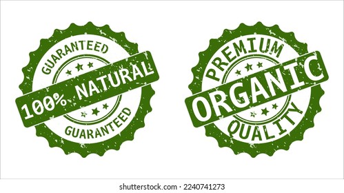 Green rubber stamp with text 100 percent. Organic natural product icon isolated on white background