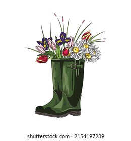 Green rubber welly boots with bouquet of tulips, chamomiles and other flowers inside, vector illustration isolated on white background. Shoes for rainy weather