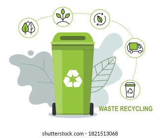 Green rubbish bin for recycling waste. Infographic