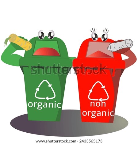 Green rubbish bin and red rubbish bin characters on white background. Vector illustration. Organic and non-organic.