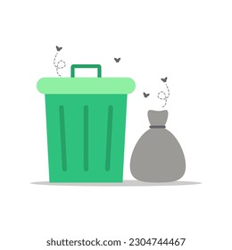 Green rubbish bin trashcan with black garbage bag and fly swarm icon flat vector design