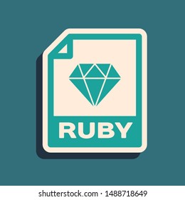 Green RUBY file document. Download ruby button icon isolated on blue background. RUBY file symbol. Long shadow style. Vector Illustration
