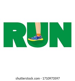 Green RUN Text and Running Shoes Isolated on White Background.