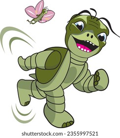 Green running cartoon turtle with pink 
butterfly in background