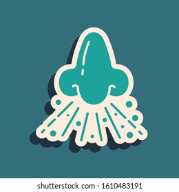 Green Runny nose icon isolated on blue background. Rhinitis symptoms, treatment. Nose and sneezing. Nasal diseases. Long shadow style. Vector Illustration