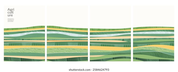 Green rural farm field abstract illustration, organic agro design. Patchwork collage pattern, textured landscape. Contemporary eco-friendly brochure, flyer, A4 poster template, presentation on ecology