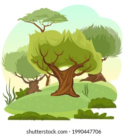 Green rural landscape with trees. Meadows and Hills. Flat cartoon style. The illustration is isolated on a white background. Vector
