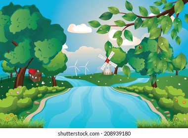 Green rural landscape with trees and river over blue sky.