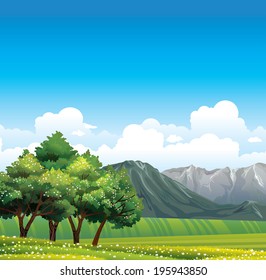 Green rural meadow with flowering trees and gray mountains on a blue sky. Nature vector background.