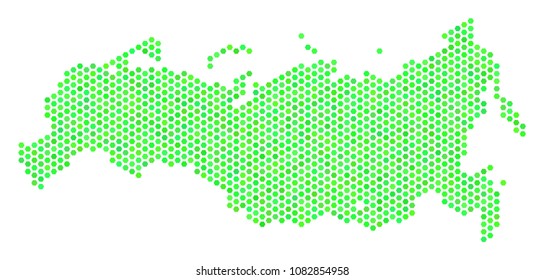 Green Russia map. Vector honeycomb territory map in eco green color tints. Abstract Russia map composition is composed with hexagon spots.