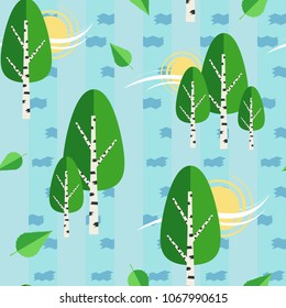 green russian birch trees with white spotted trunks against the background of the sun and birch bark in flat style, seamless vector pattern background