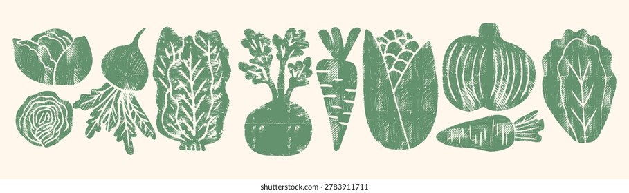 Green rustic vegetable bundle with organic vegetable icons like carrot, corn and lettuce in a hand-drawn linocut style, perfect for a fresh healthy food menu or farm market banner