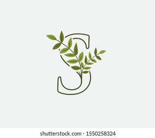 Green S Letter Logo Icon. Nature Green Leaves S Letter Design. Eco Concept ,  Created with Green Leaves and  Branches.  