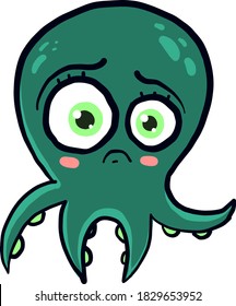 Green sad octopus, illustration, vector on white background