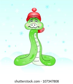 green sad snake in the red had and  snow