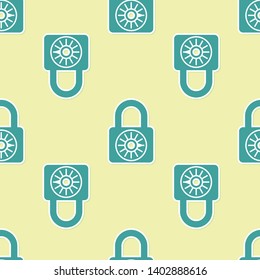 Green Safe combination lock wheel icon isolated seamless pattern on yellow background. Combination padlock. Security, safety, protection, password, privacy concept. Vector Illustration