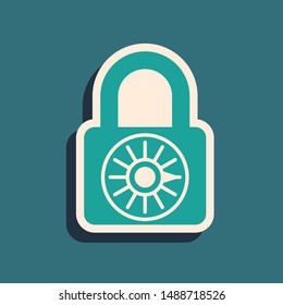 Green Safe combination lock wheel icon isolated on blue background. Combination padlock. Security, safety, protection, password, privacy. Long shadow style. Vector Illustration