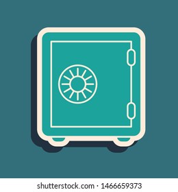 Green Safe icon isolated on blue background. The door safe a bank vault with a combination lock. Reliable Data Protection. Long shadow style. Vector Illustration