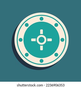 Green Safe icon isolated on green background. The door safe a bank vault with a combination lock. Reliable Data Protection. Long shadow style. Vector