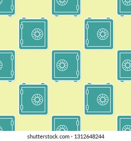 Green Safe icon isolated seamless pattern on yellow background. The door safe a bank vault with a combination lock. Reliable Data Protection. Vector Illustration