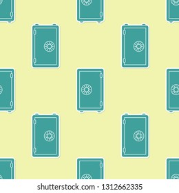 Green Safe icon isolated seamless pattern on yellow background. The door safe a bank vault with a combination lock. Reliable Data Protection. Flat design. Vector Illustration