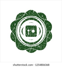 Green safe, safety deposit box icon inside distressed grunge stamp