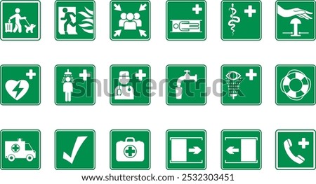 Green Safety and First Aid Signs. Vector Icons Fire Exit, Medical Center, Doctor, Defibrillator, Stretchers, Emergency Shower, First Aid Kit and More