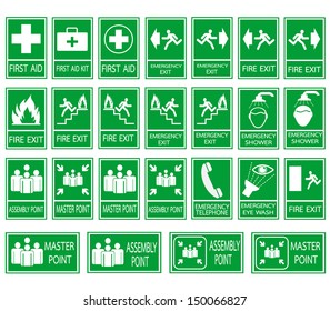 Green safety sign. Vector emergency exit signs set on green background