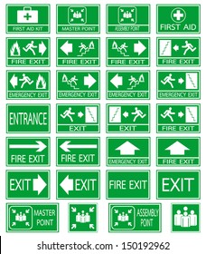 Green safety sign. Vector emergency exit signs set on green background