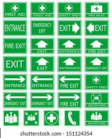 Green safety sign. Vector emergency exit signs set on green background