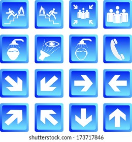 Green safety sign. Vector emergency exit signs set on green background