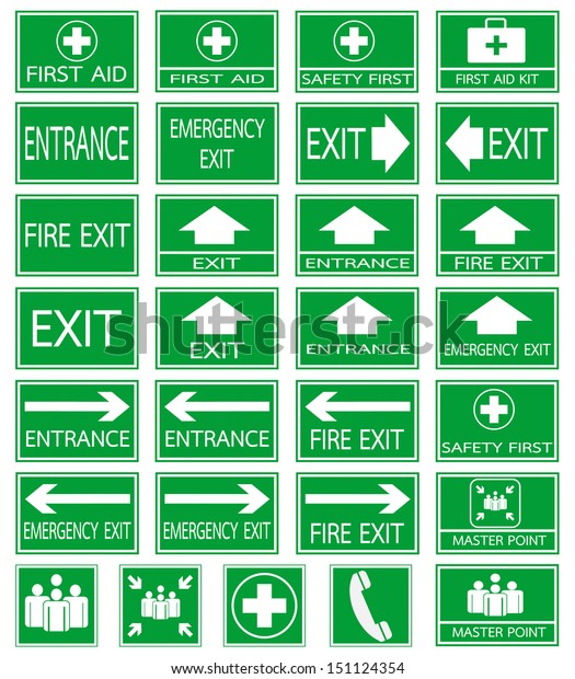 Green safety sign. Vector emergency exit signs\
set on green background
