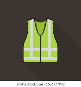 Green safety vest icon with long shadow on brown background, flat design style