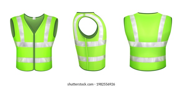 Green safety vest with reflective stripes, uniform for road workers, construction works or drivers. Vector realistic 3d waistcoat with reflectors in front side back view isolated on white background.