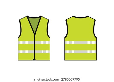 Green safety vest vector, reflective shirt mockup vector. Simple vector vest mockup. Front and back view.