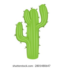 Green saguaro cactus with sharp spikes. Arid desert plant and Mexican flora element. Flat style wild nature illustration isolated on white background.