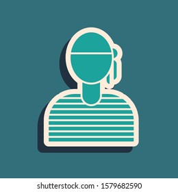 Green Sailor captain icon isolated on blue background. Long shadow style. Vector Illustration