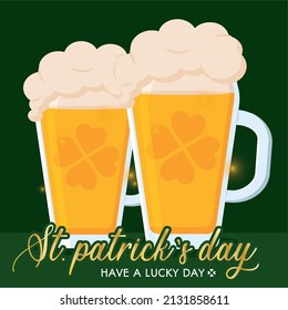 Green saint patrick day poster pair of beer with foam Vector illustration